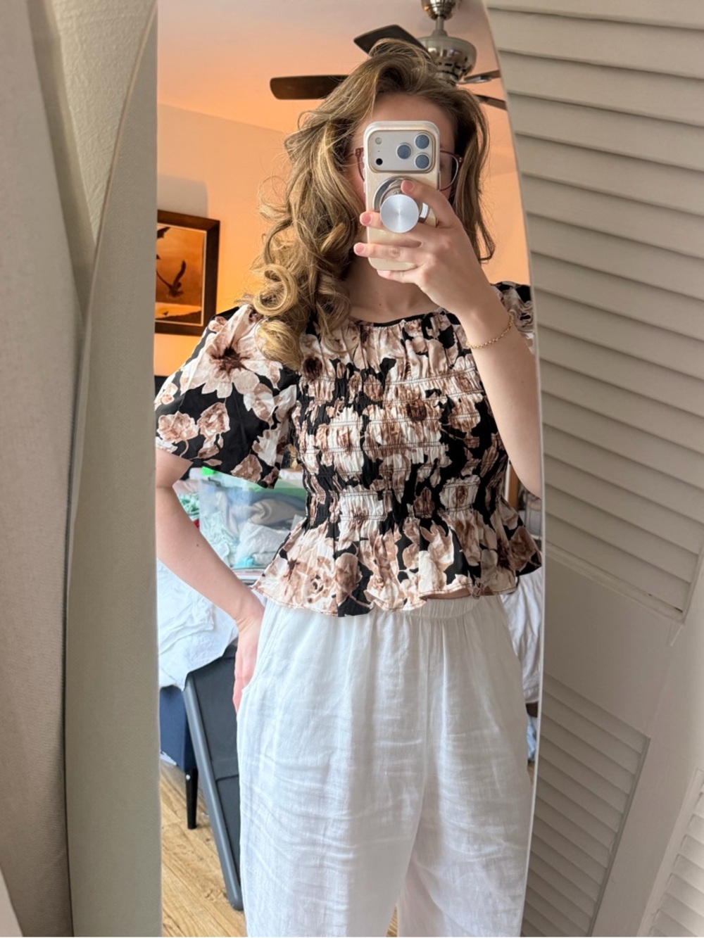 Rails Black Floral Smocked Puff Sleeve Top